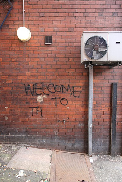 Bad graffiti: mysterious welcome in Leeds...to the North? ...to the Pleasuredome? ...to