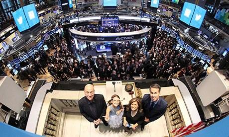 Patrick Stewart and Twitter co-founder Evan Williams at the New York Stock Exchange