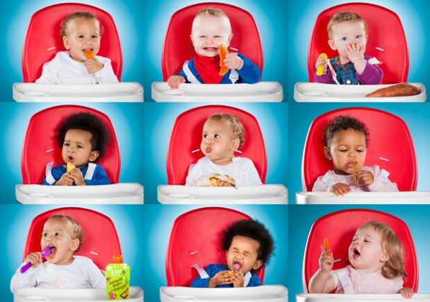 A series of photographs of babies' reactions to foods