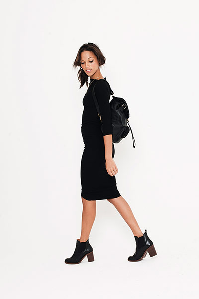 All Ages: Textured long sleeve midi dress black ankle boots with heel necklace