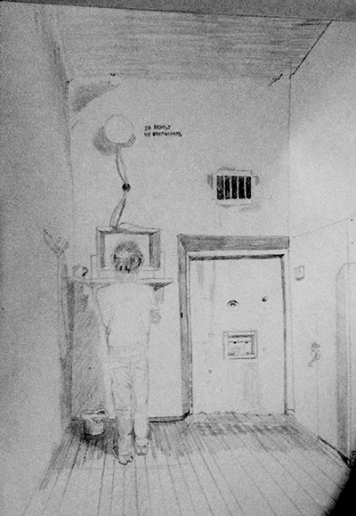 Arctic 30: Prison cell drawing by Philip Ball of the Arctic 30