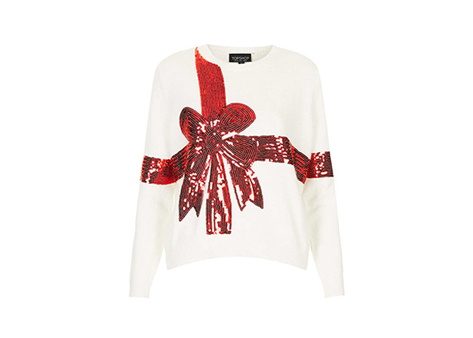 Christmas Jumpers: Christmas jumpers - red sequin bow present jumper by Topshop