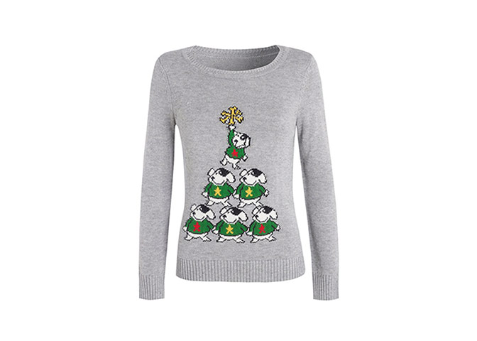 Christmas Jumpers: Christmas jumpers - dogs in jumpers forming tree & star on top by Debenhams