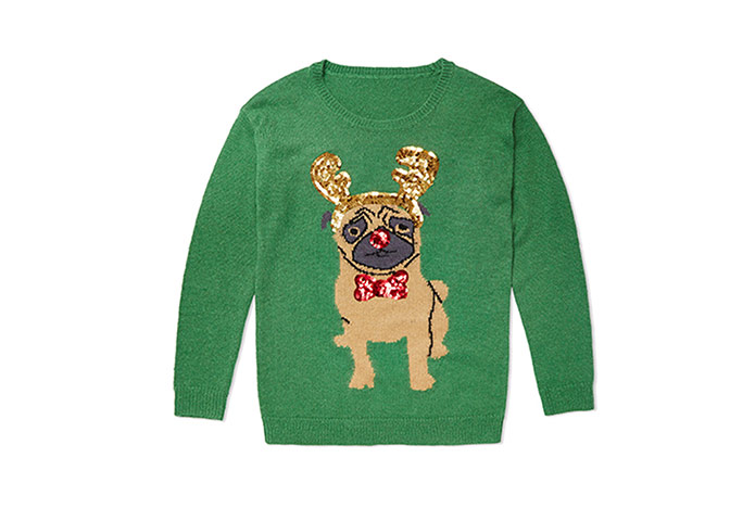 Christmas Jumpers: Christmas jumpers - green with pug with gold sequin reindeer ears by ASOS