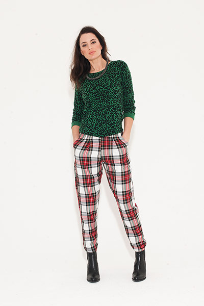All Ages leopard: checked trousers red white green leopard print jumper long sleeves