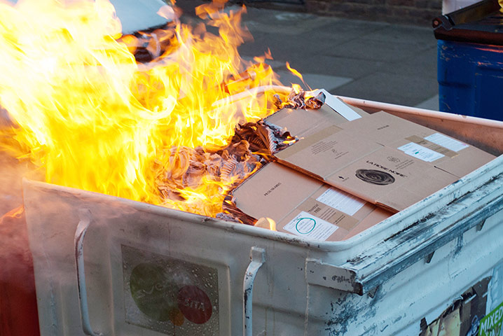 Cops off campus protest: Burning bin at Cops off campus protest 