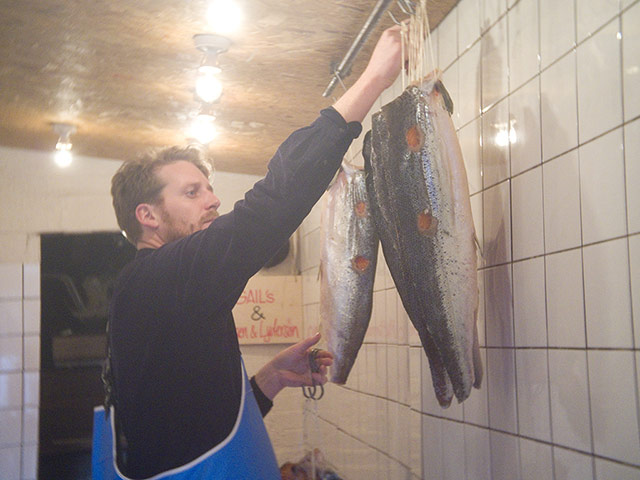 Salmon-smoker gallery: Ole Hansen hanging salmon for smoking