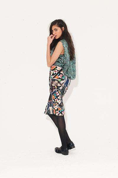 All Ages floral: puff back blouse green floral skirt black flat heeled shoes