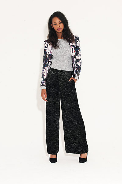 All Ages floral: black white floral blazer black flared trousers grey sweater