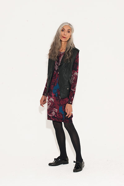 All Ages floral: knitted floral dress leather look waistcoat patent flat shoes