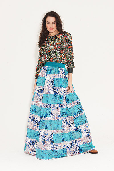 All Ages floral: floral blouse floral skirt blue pattern tan heel brogues