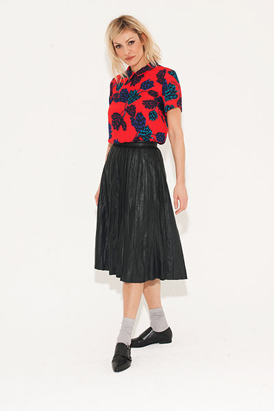 All Ages floral: red patterned top black full leather skirt buckle side flats