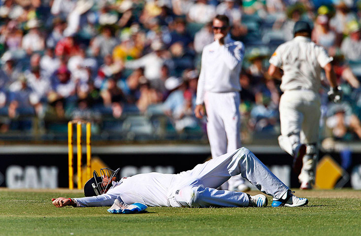 third test day 3 pt 2: England's Bell lies on the ground after he dropped a catch
