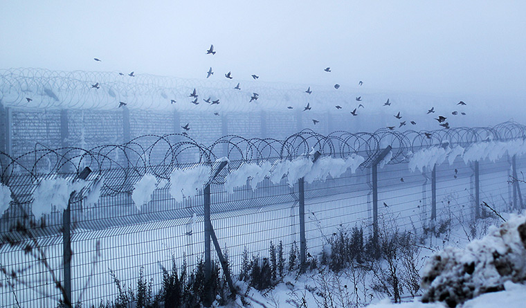 Weekend in pictures:  Majdal Shams, Golan Heights: Birds fly over the border fence covered in sn