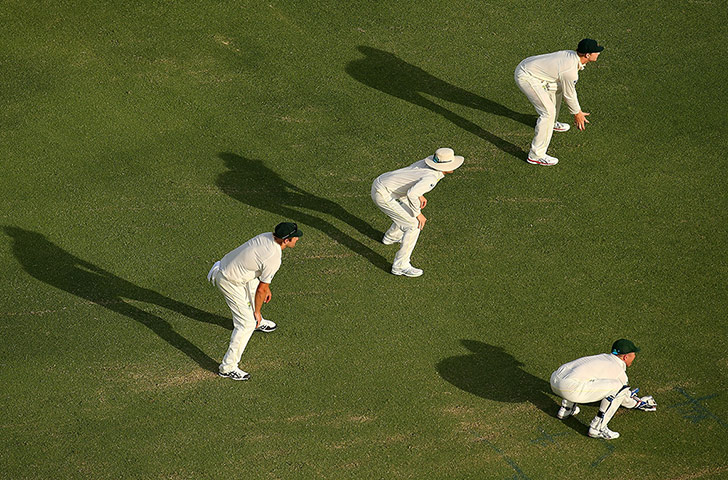 Third test day four: Australian wicket keeper Brad Haddin and the slips cordon take position 