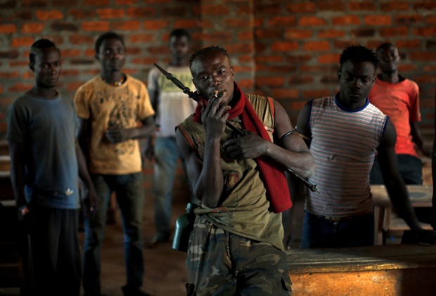 Former FARCA (Central African Republic Forces) soldiers linked to Anti-Balaka Christian militiamen who have set up camp in a school in the Boeing neighborhood of the Central African Republic capital Bangui.