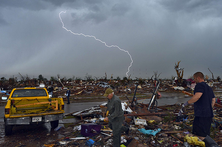 Extreme weather: Lightning strikes during a thunder storm after tornado in Moore, Oklahoma