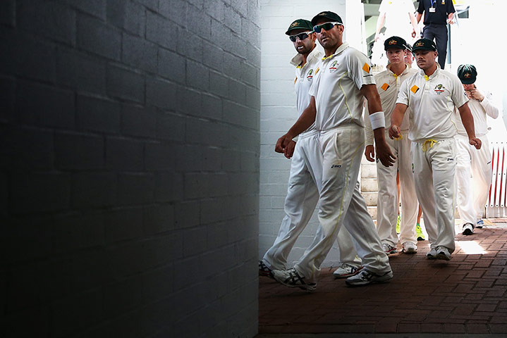 third test final day: Nathan Lyon, Ryan Harris, Steve Smith and David Warner walk out to field 