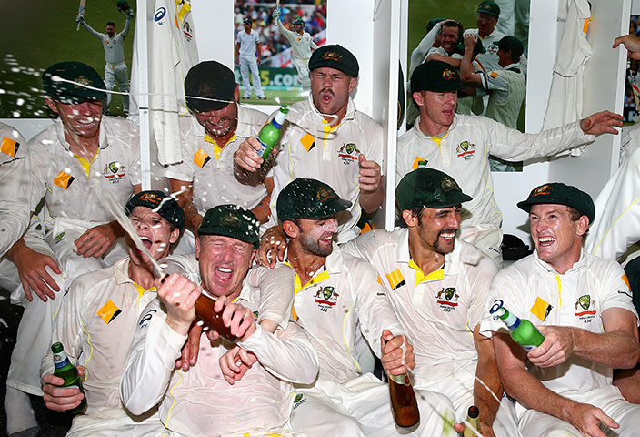 third test final day: Australian team celebrate in the dressing room
