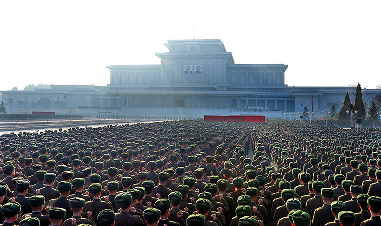 North Korea anniversary: North Korean soldiers gather at the Kumsusan memorial palace 