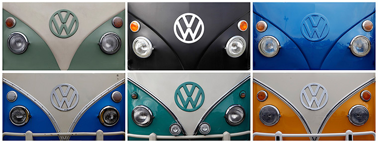 Volkswagen campers: The Volkswagen logo. The classic VW Type 2 camper van has been made in Braz