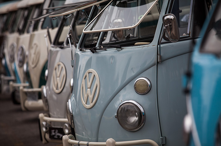 Volkswagen campers: Volkswagen Kombi minibuses are lined up 