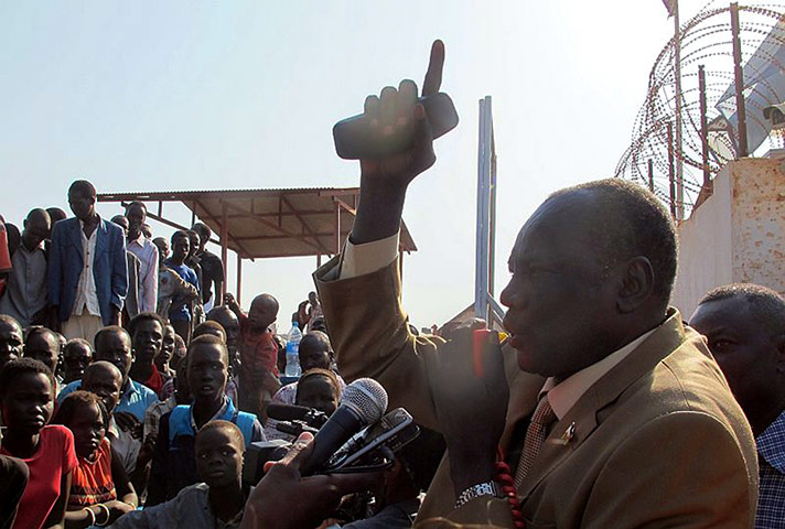 UNMISS: South Sudan's Information minister Micheal Makuei Lueth talks to IDP, Juba