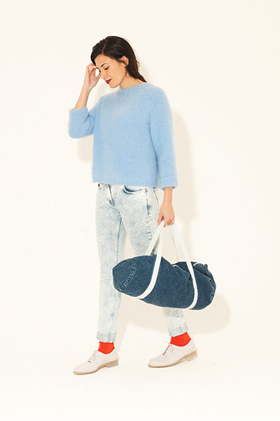 All Ages denim: pale blue angora jumper red socks white brogues stone washed jeans 
