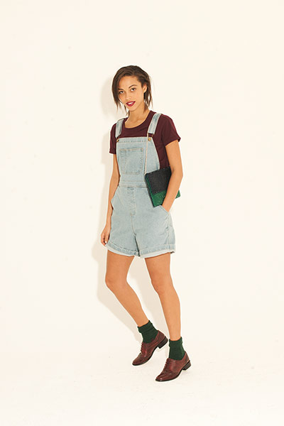 All Ages denim: burgundy t shirt denim short dungarees brown brogues green bag