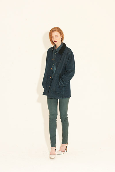 All Ages denim: blue fishing jacket leather trousers blue denim shirt high heeled shoes 