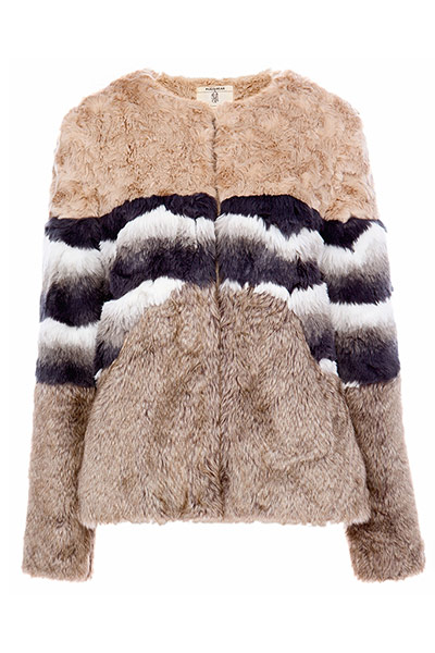 Get the look teddy bear : cropped teddy bear coat beige black white stripe across middle section