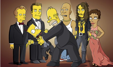 Homer and Bart Simpson with celebrity guests including Ricky Gervais, Russell Brand and Halle Berry