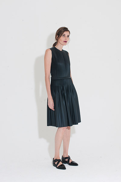 All Ages pleats: black leather dress pleated top and skirt section sleeveless black shoes 