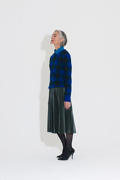 All Ages pleats: blue black checked jumper pleater leather skirt patent high heeled shoes