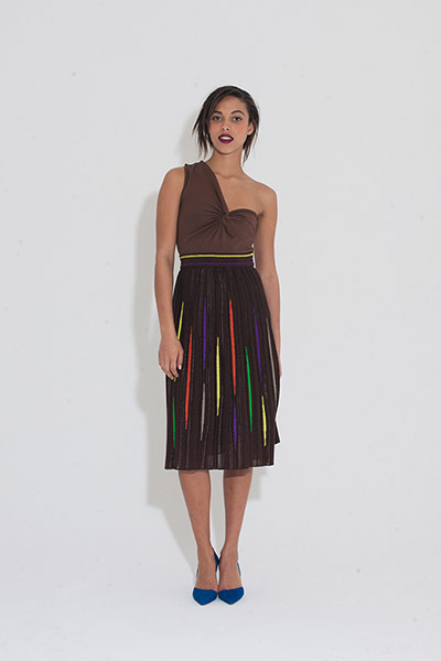 All Ages pleats: brown one shoulder dress with coloured purple yellow green red details