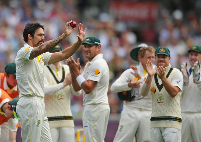 Fourth test day two: Mitchell Johnson celebrates his fifth wicket