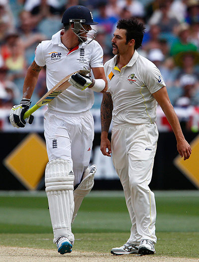 Fourth test day three: England's Kevin Pietersen and Australia's Mitchell Johnson argue 