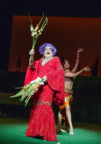 Year on stage: Dame Edna Everage in Eat Pray Laugh from Barry Humphries' Farewell Tour at 