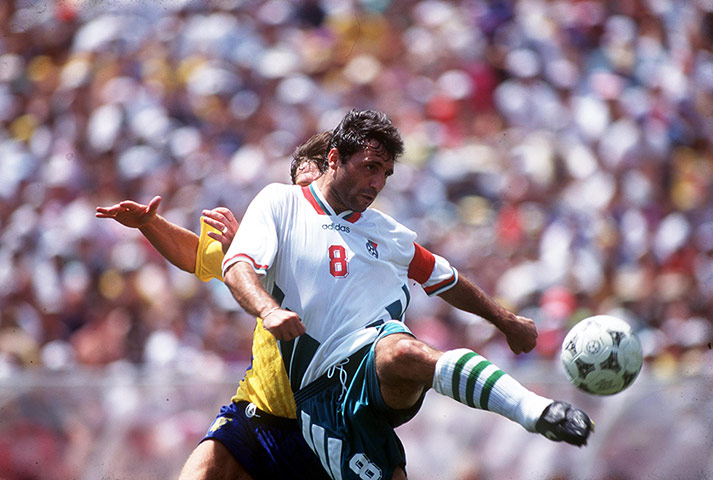 old players: Bulgaria's Hristo Stoichkov controls the ball 