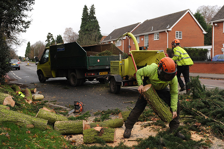 Weather : Workers clear up debris after a tree fell in high winds, landing on a passi