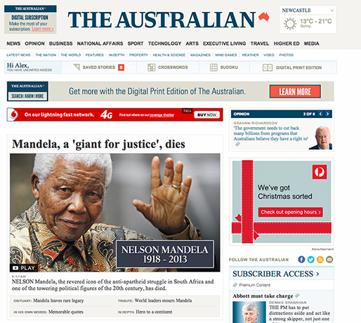 Mandela front pages: Mandela the Australian