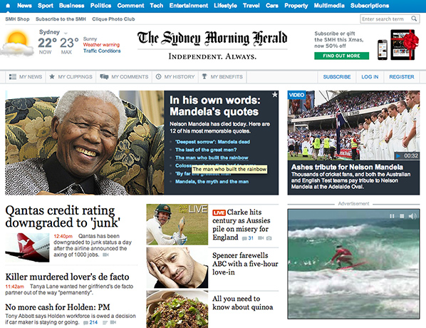 Mandela front pages: SMH website