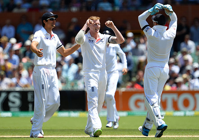 Ashes day 2: England bowler Ben Stokes (C) celebrates