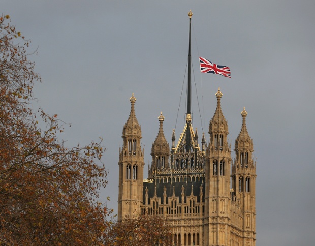 The Union flag flies at half mast on Victoria Tower, House of Parliament following the death of Nelson Mandela.