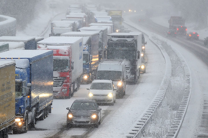 Storm Xaver in Europe: Cars crawl through heavy traffic in Olpe, Germany