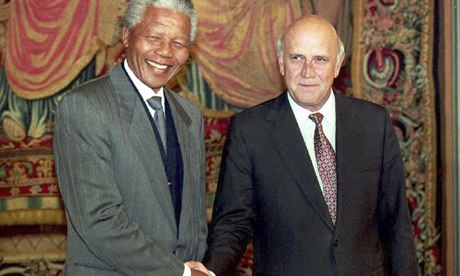 Nelson Mandela shakes hands with then South African president FW de Klerk in 1993