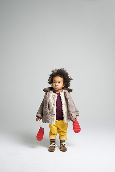 All Ages: t shirt yellow velvet cords puffa coat red mittens lace up boots