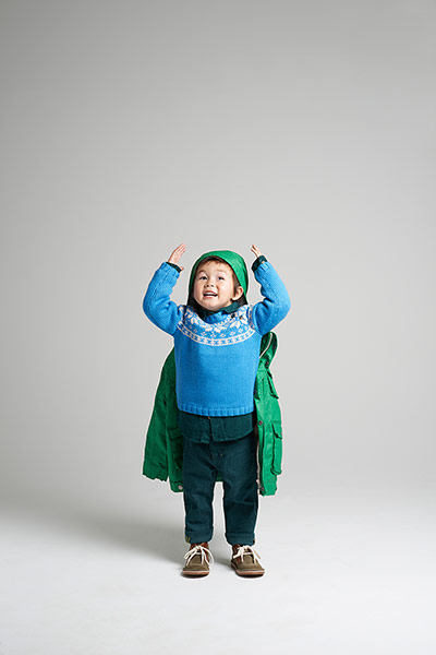 All Ages: blue jumper green coat brown lace up boots