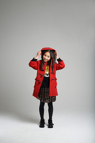 All Ages: red wool duffle coat sequin skirt black tights patent pruple boots