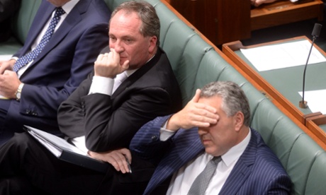 Agriculture Minister Barnaby Joyce (left) and Treasurer Joe Hockey during House of Representatives question time at Parliament House Canberra.